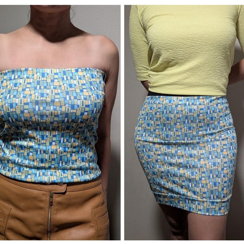 Women's Yellow and Blue Geometric Strapless Top or Miniskirt